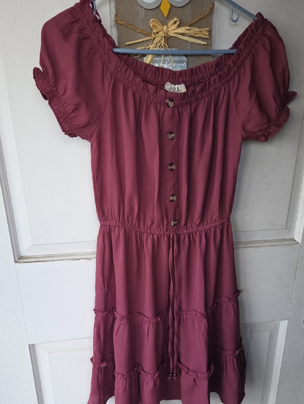 Maroon Off-Shoulder Tiered Button-Front Dress Size Small Festival